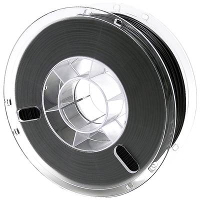 Eine Spule mit schwarzem 3D-Druckerfilament, auf einer durchsichtigen Kunststoffspule gewickelt.