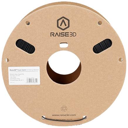 Spule mit 3D-Drucker-Filament, Marke Raise3D. Beinhaltet Produktdetails und Recycling-Symbol.