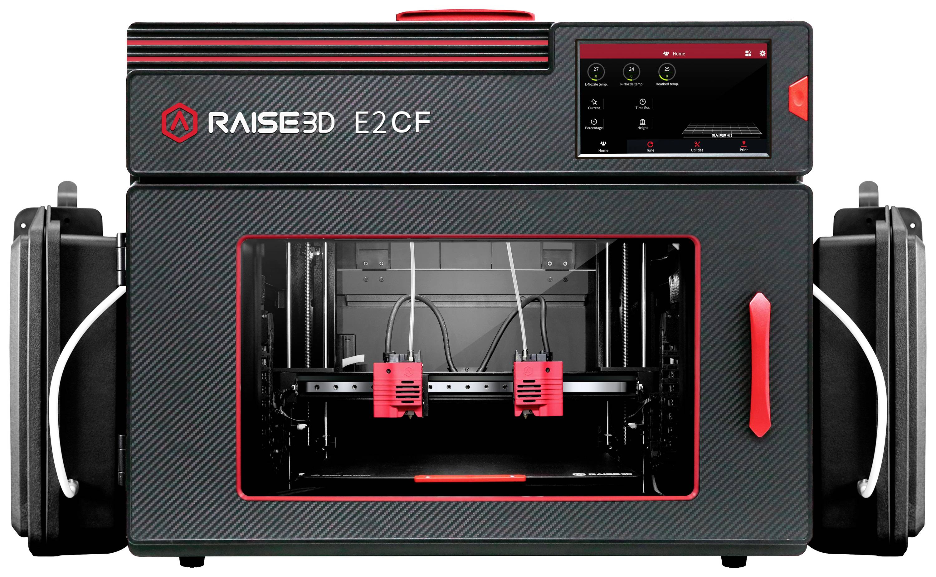 3D-Drucker Raise3D E2CF mit Doppeldruckköpfen in einem schwarzen Gehäuse mit roten Akzenten, geeignet für Kohlefaserfilamente.