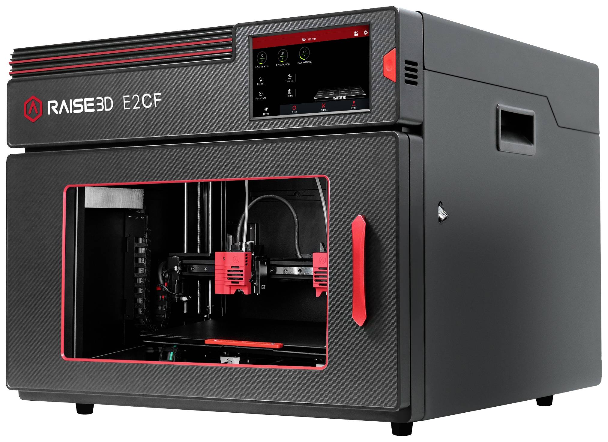 Ein schwarzer 3D-Drucker mit rotem Akzent und durchsichtigem Fenster zeigt den Druckmechanismus. Ein Bildschirm mit Bedienelementen ist sichtbar.