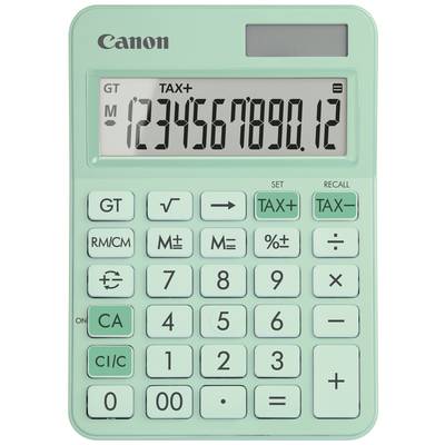Ein grüner Taschenrechner von Canon mit einem digitalen Display, das die Zahlen '1234567890.12' anzeigt. Enthält Funktionen wie RM/CM und TAX+.