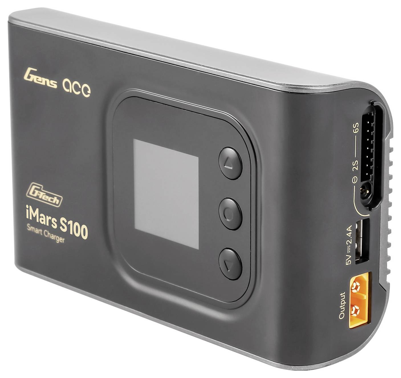 Ein graues Ladegerät mit Display und zwei Tasten an der Vorderseite. Beschriftung: 'iMars S100 Smart Charger'.