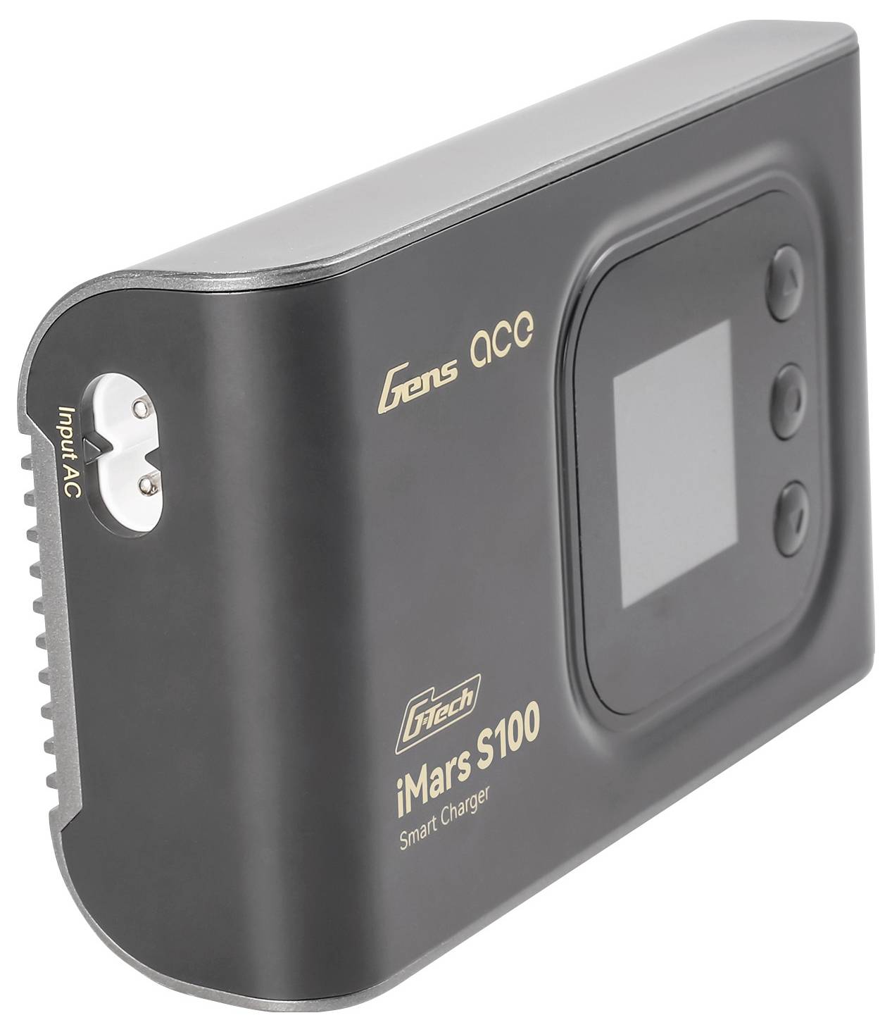Ein schwarzes, rechteckiges Ladegerät mit digitalem Display und mehreren Tasten; Markenname 'Gens Ace iMars S100' ist sichtbar.