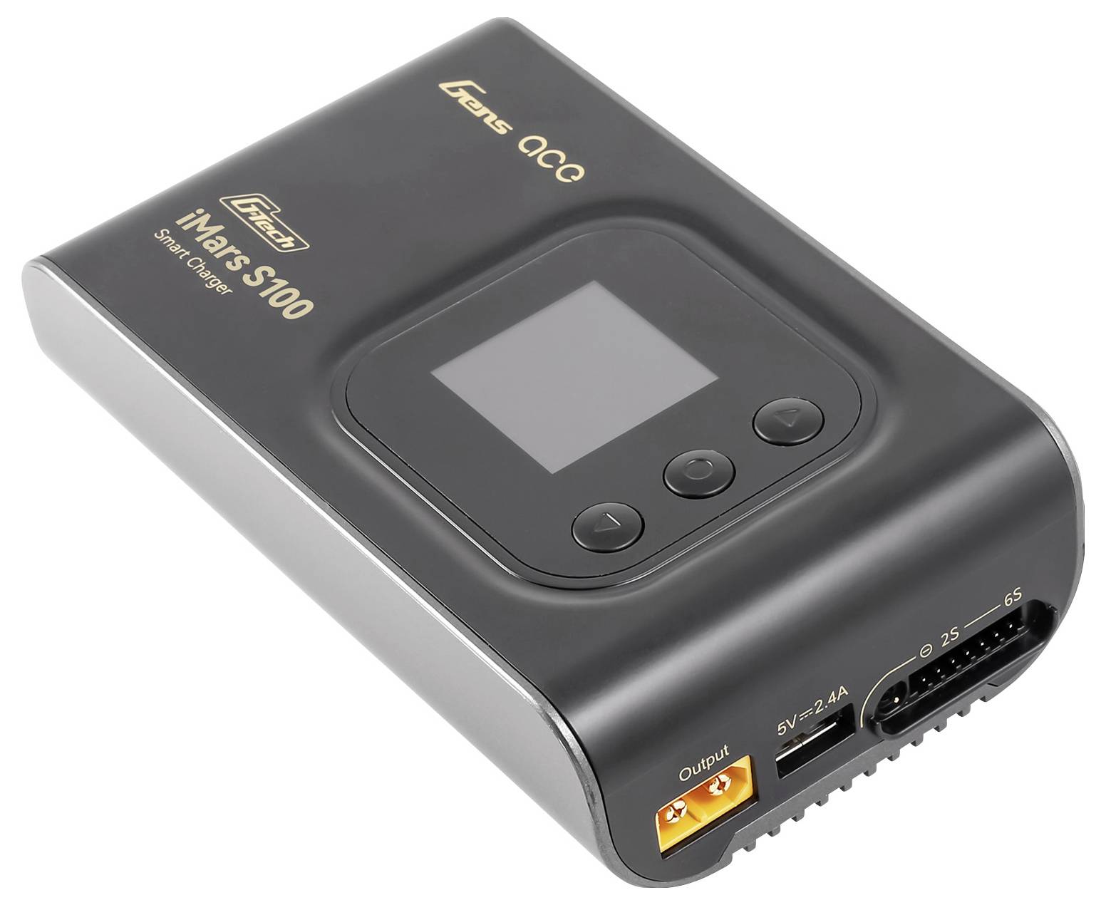 Ein schwarzes Ladegerät mit einem Display und drei Knöpfen. Es hat Ausgänge mit Aufschrift '5V=2A' und 'Output'. Marke iMars S-100.