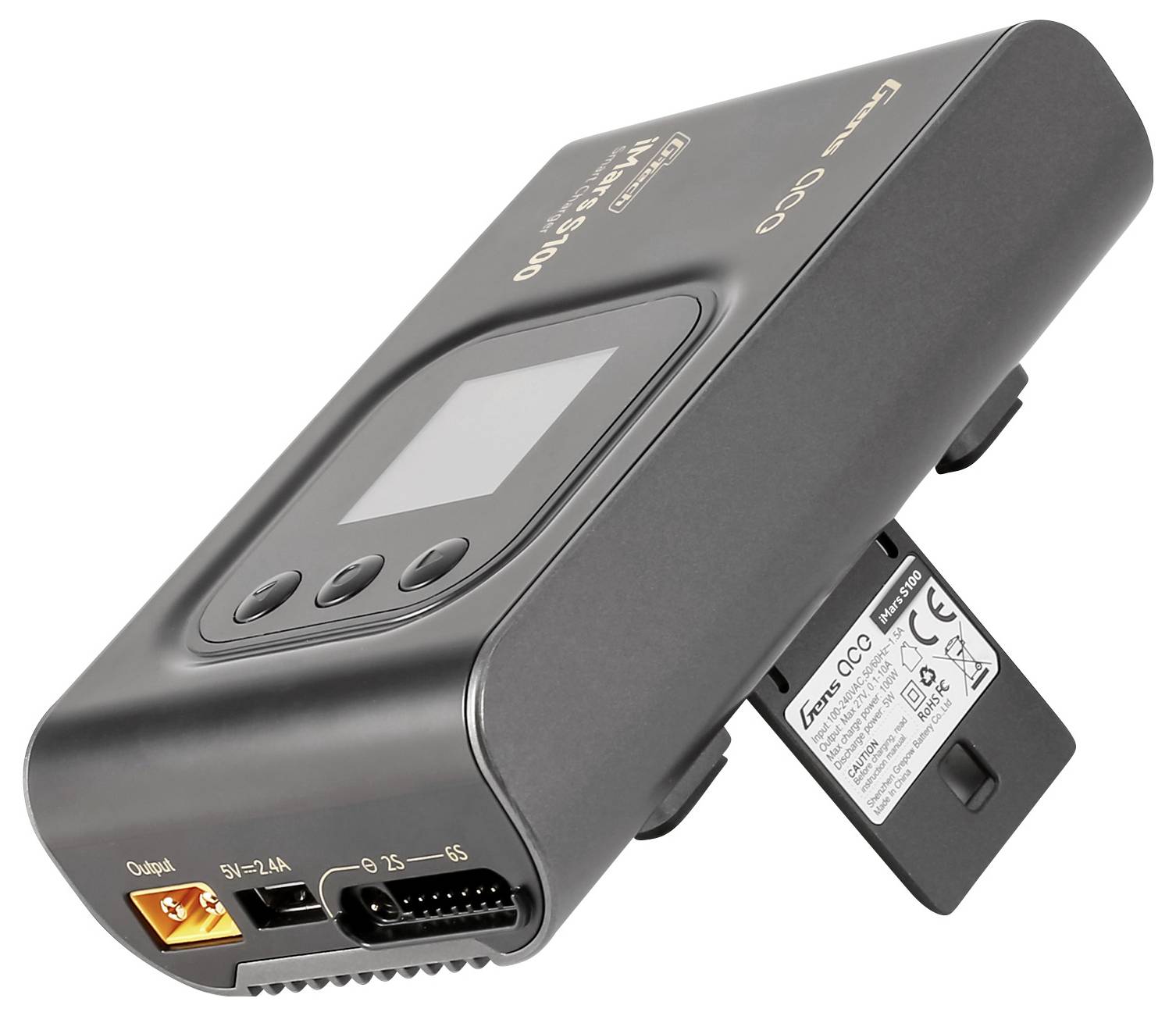 Schwarzes tragbares Ladegerät mit Display und Anschluss für USB und andere Kabel. Eignet sich zum Aufladen elektronischer Geräte unterwegs.