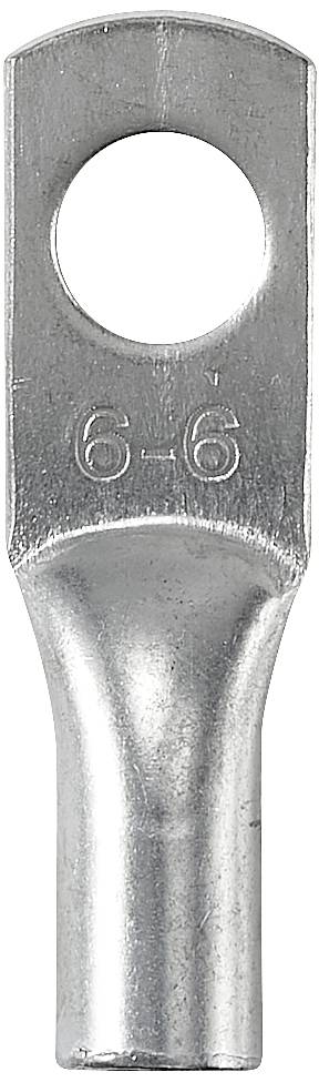 Metallisches Kabelschuh mit einer Aufschrift '6-6' zur Befestigung an Kabeln, typischerweise für elektrische Anwendungen verwendet.