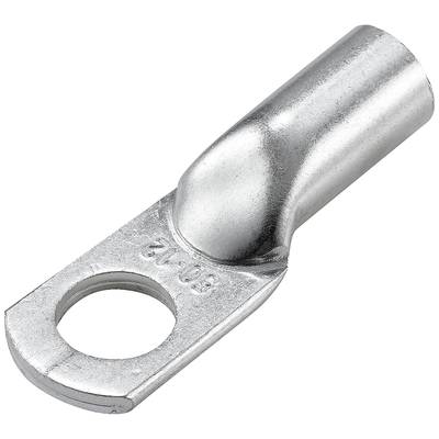Ein silberner Kabelschuh aus Metall mit einem runden Loch an einem Ende und einem röhrenförmigen offenen Ende zum Befestigen von Kabeln.