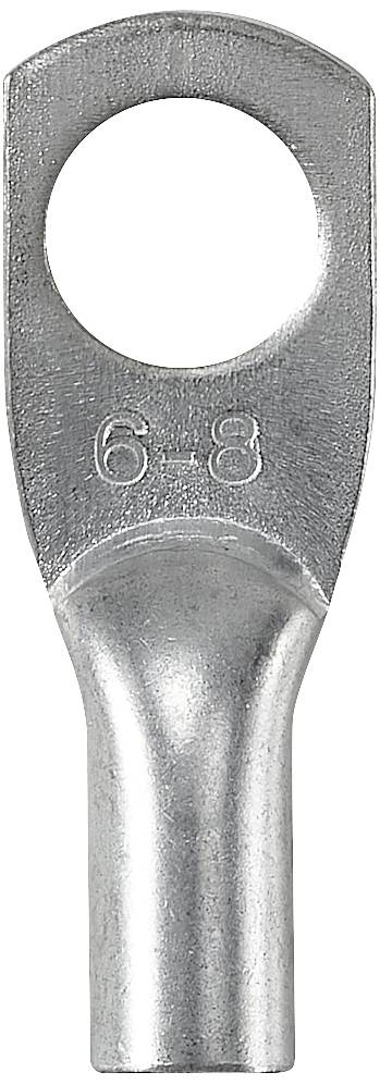 Ein metallischer Kabelschuh mit einer runden Öffnung oben und der eingeprägten Kennzeichnung '6-8'.