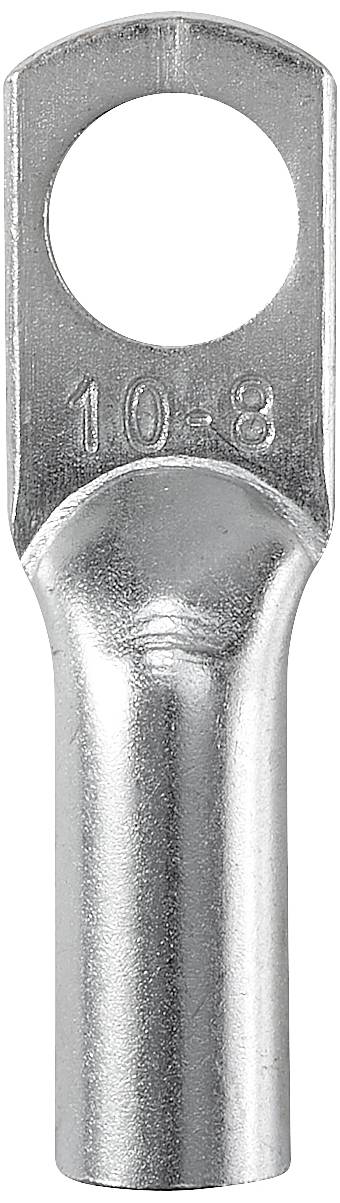 Metallkabelschuh mit einem Loch oben, geprägt mit '10-8'. Verwendet für elektrische Verbindungen durch Verschraubung oder Löten.