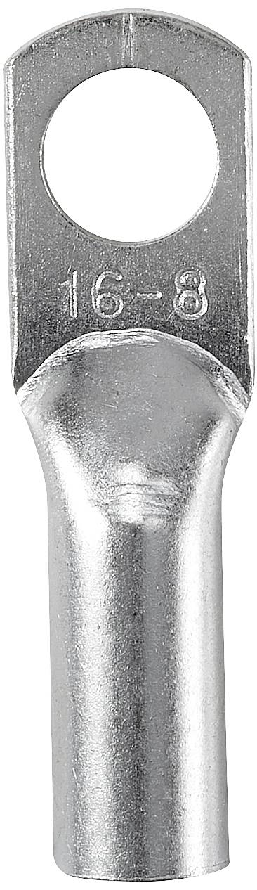 Ein silberner Kabelschuh mit der Prägung '16-8'. Geeignet für die Verbindung von Kabeln in elektrischen Anwendungen.