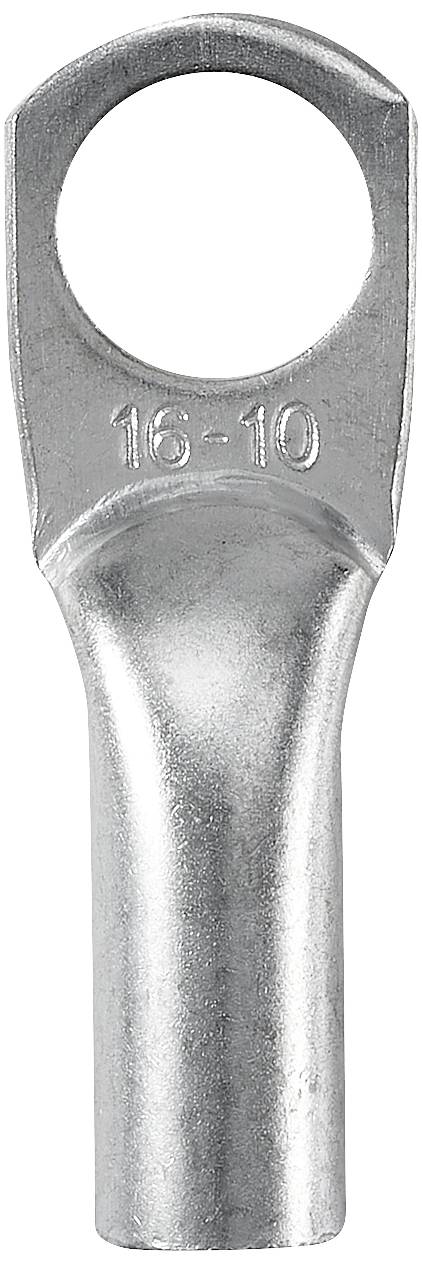 Metallener Kabelschuh mit rundem Loch oben, Aufschrift '16-10', zur Verbindung von Kabeln mit Anschlüssen.