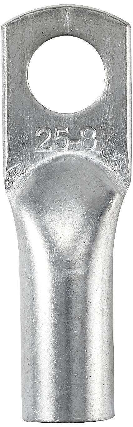 Ein silberner Kabelschuh mit einer Aufschrift '25-8', verwendet für elektrische Verbindungen.