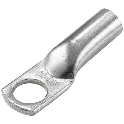 Ein silberner Kabelschuh aus Metall mit einem runden Loch am Ende, das zur Verbindung von elektrischen Kabeln verwendet wird.