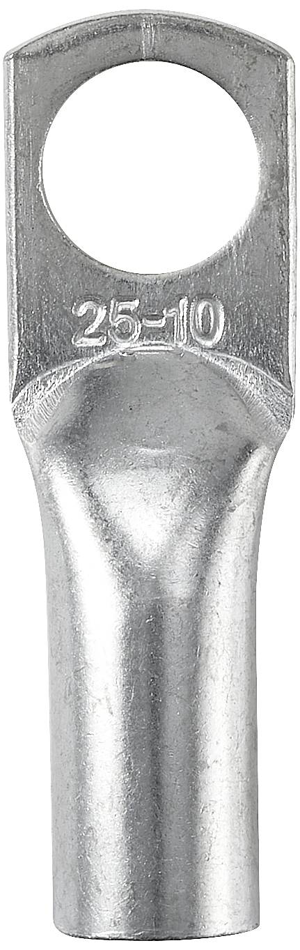 Metallkabelschuh mit eingravierter Aufschrift '25-10', zeigt eine Öffnung für Kabelverbindung und eine zylindrische Hülse für Kabel.