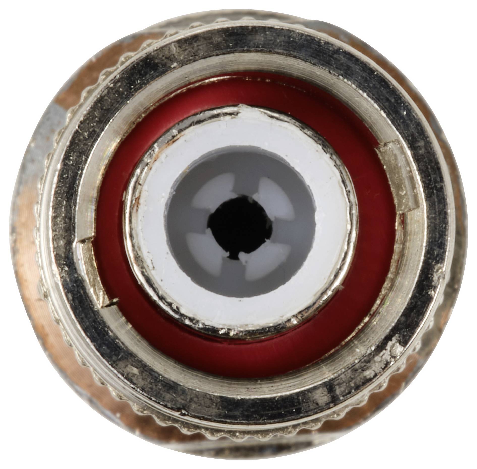 Elektrischer Koaxialstecker von oben, mit rotem inneren Ring und metallischem äußeren Rand für Datenübertragung.