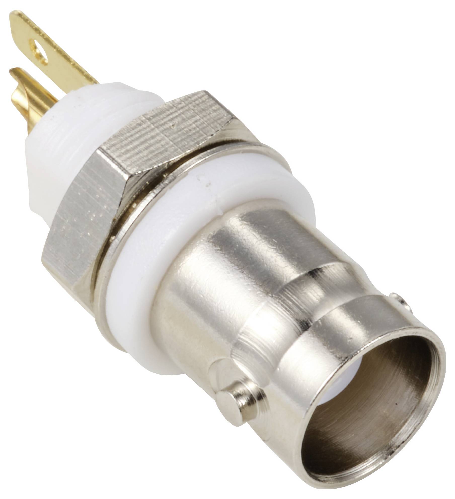 Ein BNC-Stecker mit einer Metallhülse und einem weißen Kunststoffbereich. Oben sind zwei vergoldete Anschlussstifte sichtbar.