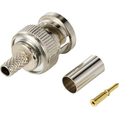 Ein BNC-Stecker mit abnehmbaren Teilen: Gehäuse, Anschlussstück und Hülse. Gedacht zur Verbindung von Koaxialkabeln.