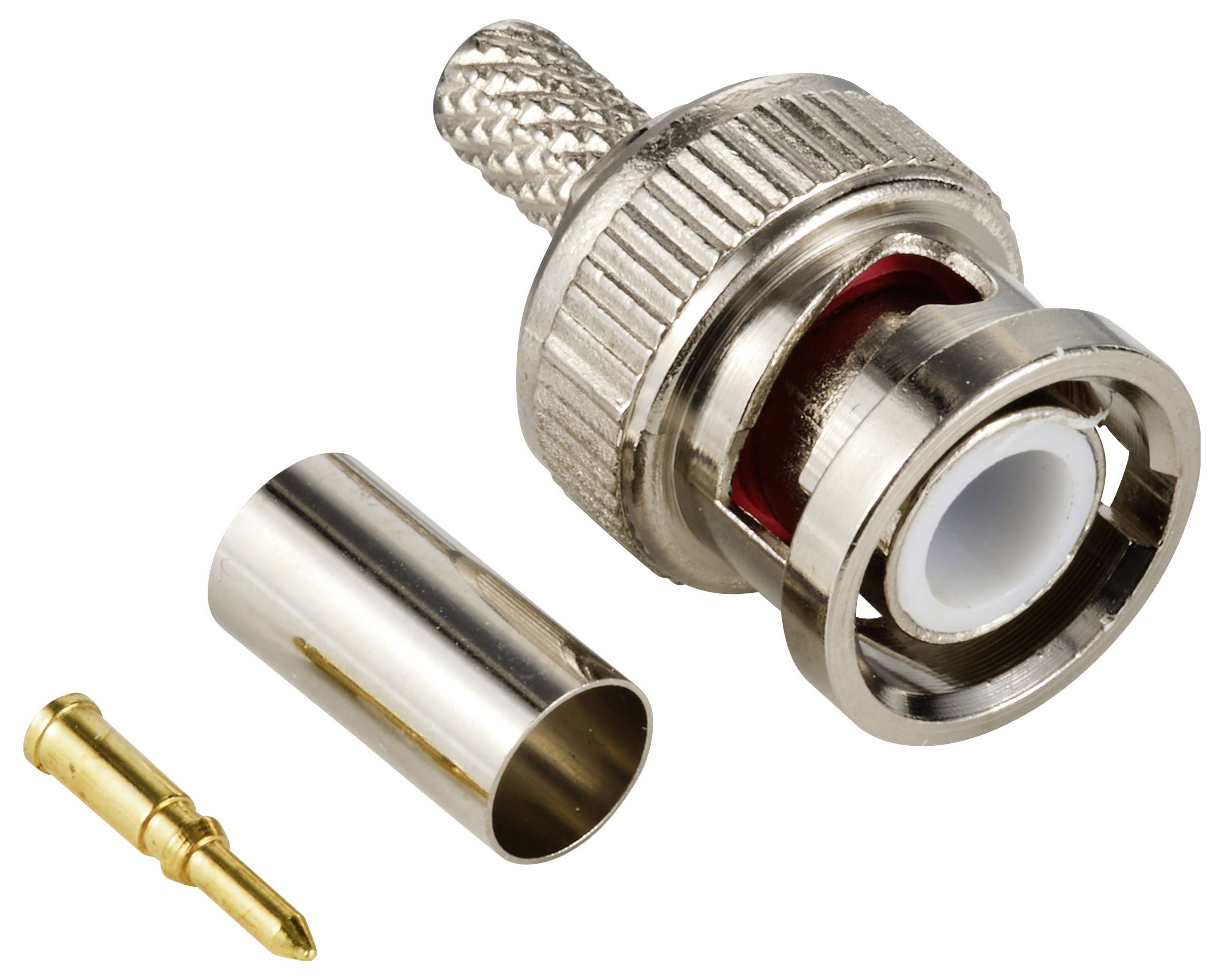 Koaxialkabelstecker, bestehend aus Metallkappe, Isolator, Klemme und Kontaktstift. Komponenten zur Verbindung von Koaxialkabeln.