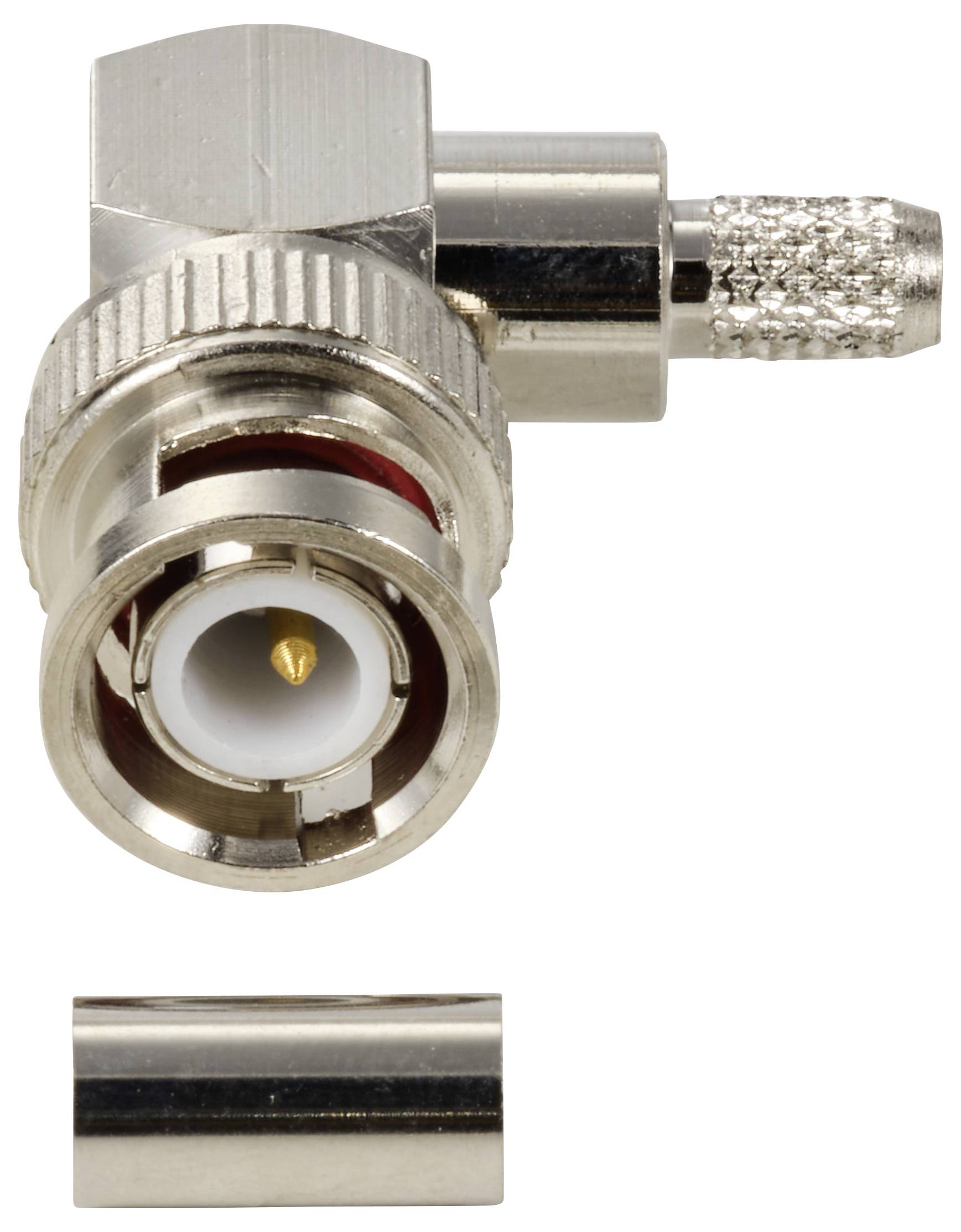 Metallischer BNC-Stecker mit einem abgewinkelten Design und geripptem Griff, inklusive einer separaten Metallhülse.