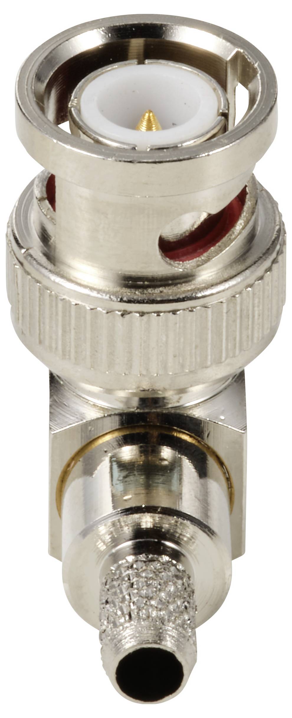 Ein silberner BNC-Stecker, der für die Verbindung von Koaxialkabeln in elektronischen Geräten verwendet wird.