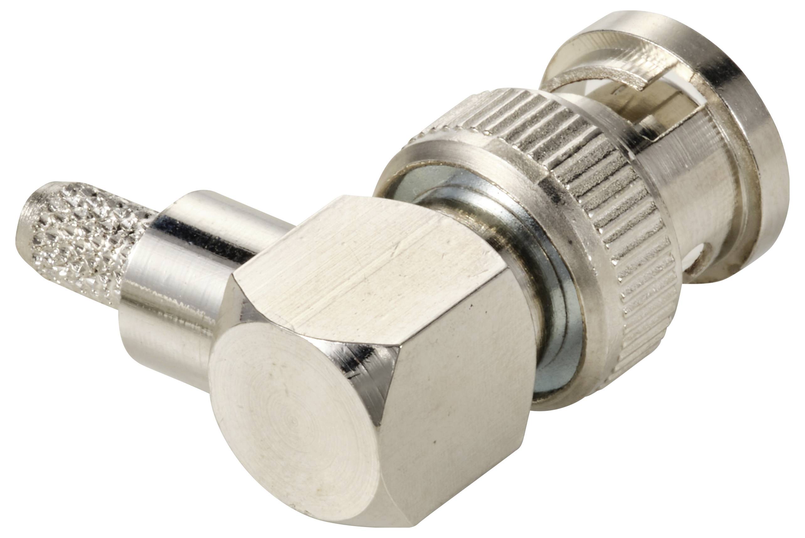 Metallischer Steckverbinder mit sechseckigem Sockel und geriffeltem Ende, zur Verwendung in technischen oder elektronischen Anwendungen.