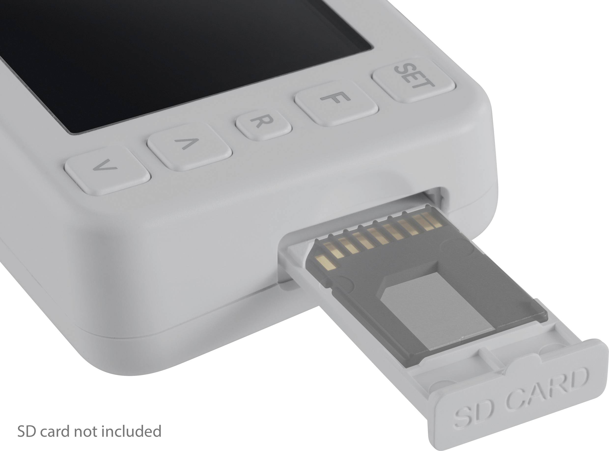 Ein Gerät mit eingesetzter SD-Karte. Der Bildschirm zeigt keine Informationen an. Hinweis: 'SD-Karte nicht enthalten'.