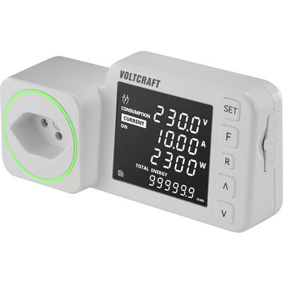 Energieverbrauchszähler zeigt auf einem Display '230,0V', '10,00A' und '2300W' an. Entworfen für Steckdosenüberwachung.