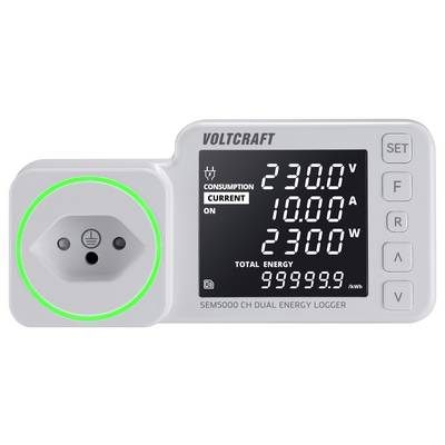 Energie-Messgerät Voltcraft SEM5000 zeigt V 230,00, A 10,00, W 2300, mit Steckdose links. Gesamtenergie: 999999,9 kWh.