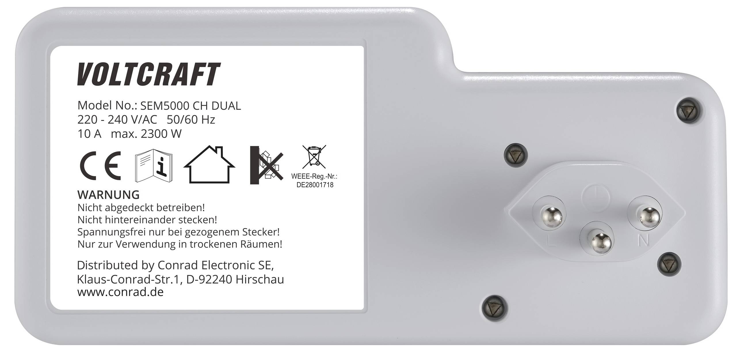 Rückseite eines elektronischen Geräts mit einem Etikett, das technische Details und Warnhinweise für das Modell SEM5000 CH DUAL zeigt.