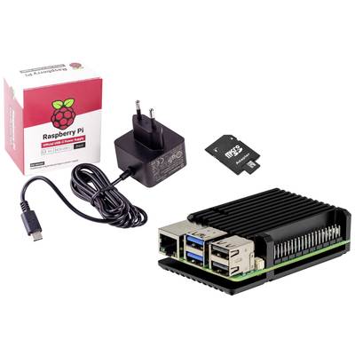 Ein Raspberry Pi mit Kühlkörper, ein USB-C-Netzteil, eine microSD-Karte und eine Verpackung mit einem Raspberry-Logo.