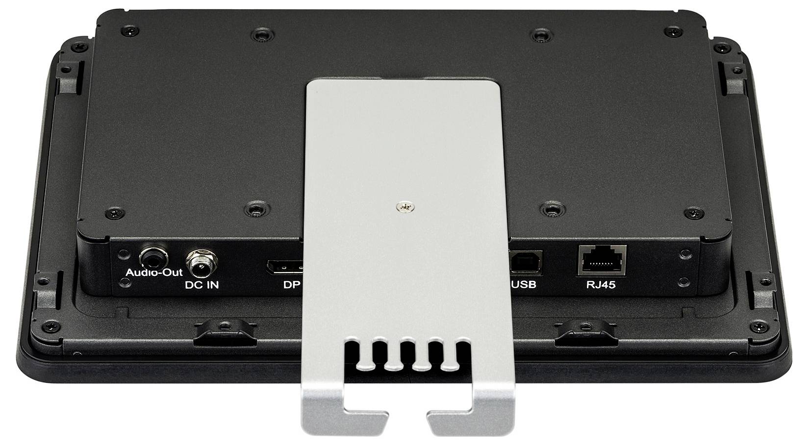 Industrie-PC-Rückseite mit Anschlüssen: Audio-Ausgang, DC IN, DisplayPort, USB und RJ45-Netzwerkanschluss.