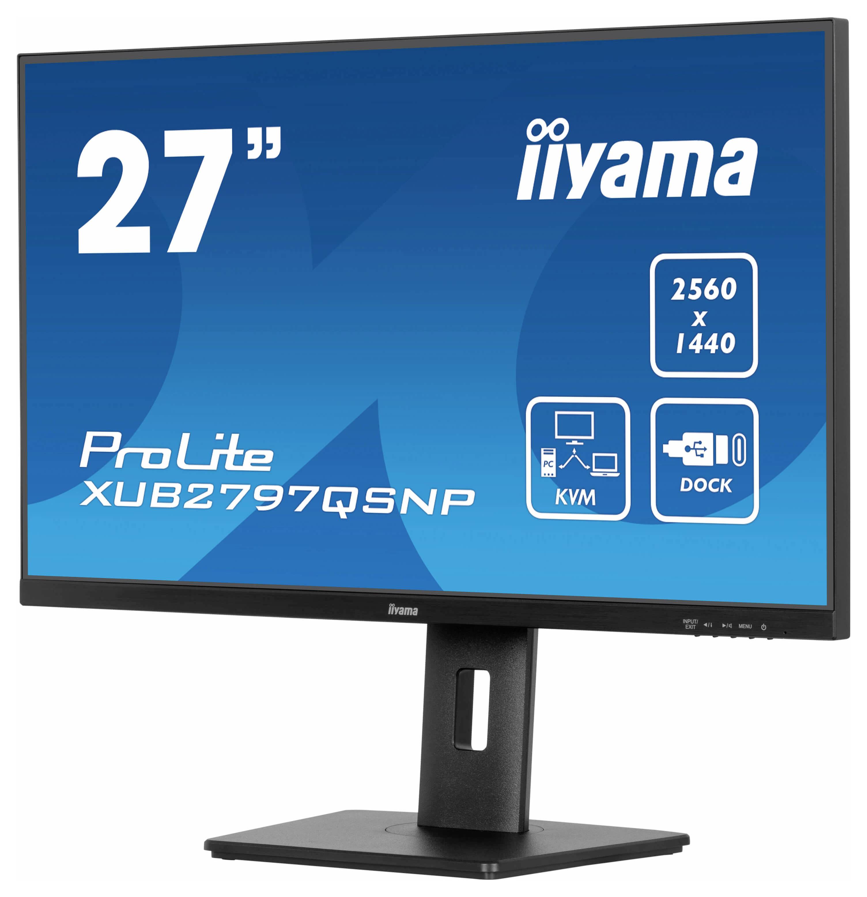 27-Zoll-Monitor mit der Aufschrift 'iiyama'. Auflösung: 2560x1440. Merkmale: KVM, Dock. Model: ProLite XUB2797QSNP.