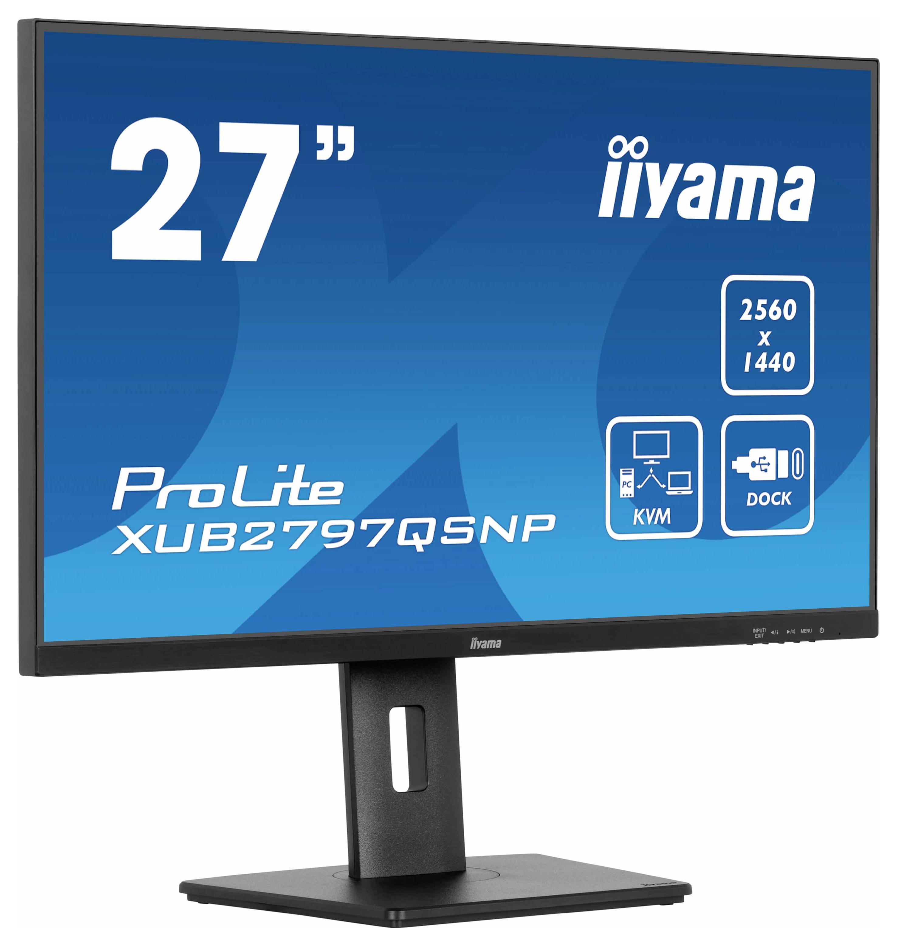 Monitor mit der Aufschrift: '27" iiyama ProLite XUB2797QSNP', Auflösung 2560 x 1440, KVM- und Docking-Symbolen.