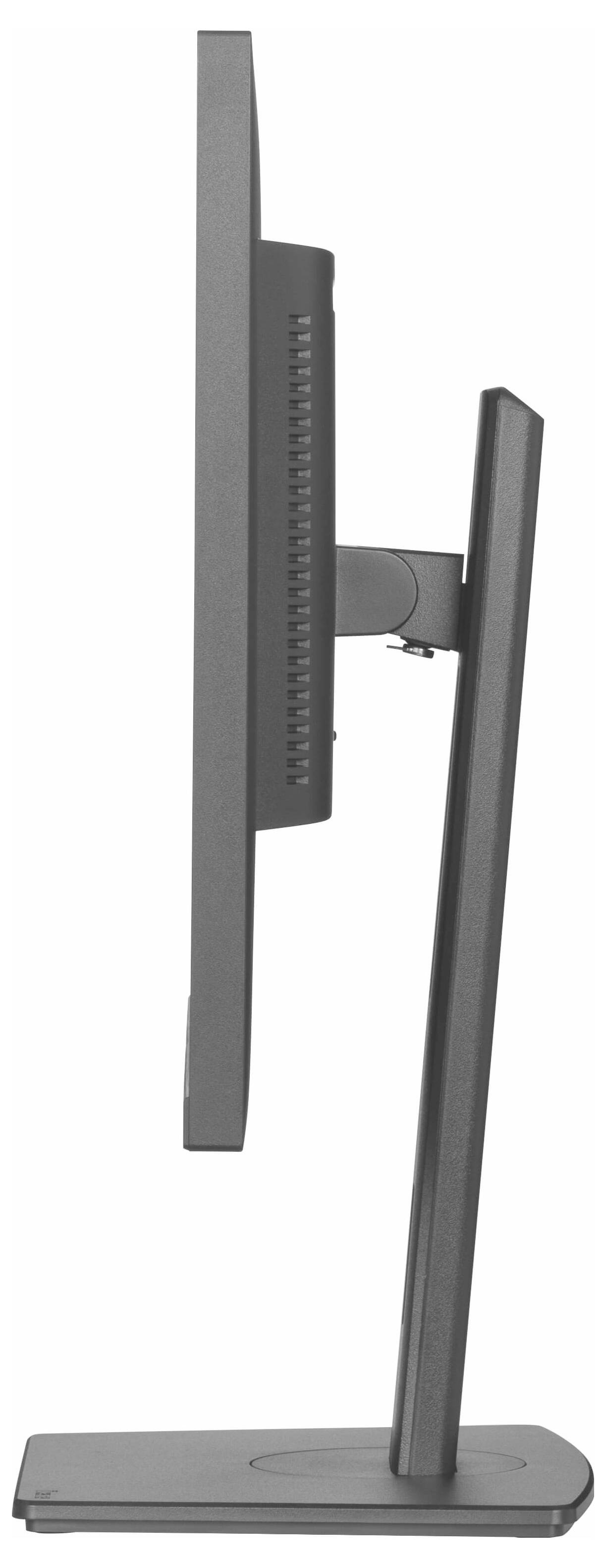 Seitenansicht eines schlanken Computermonitors auf einem stabilen Ständer. Der Bildschirm zeigt keine Inhalte.
