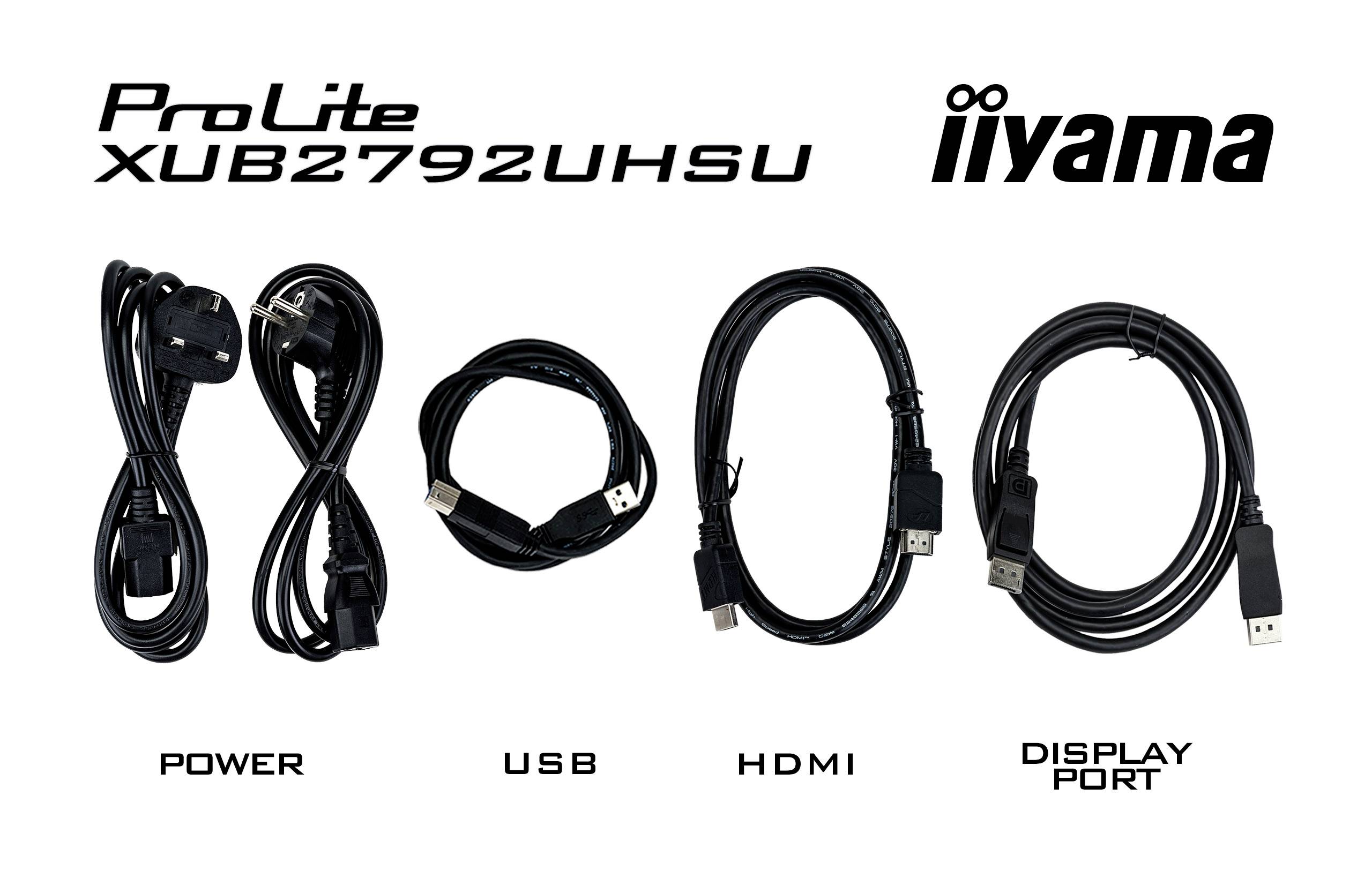 'Abbildung der Zubehörteile eines iiyama ProLite XUB2792UHSU: Netzkabel, USB-Kabel, HDMI-Kabel, DisplayPort-Kabel.'