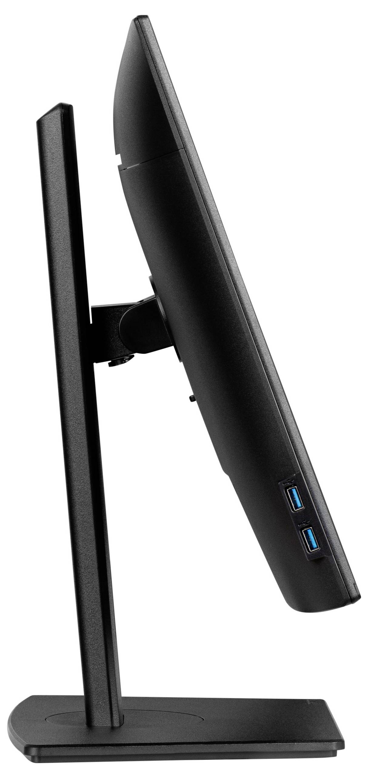 Ein seitliches Profil eines Flachbildschirms auf einem Ständer mit zwei USB-Anschlüssen an der Seite.