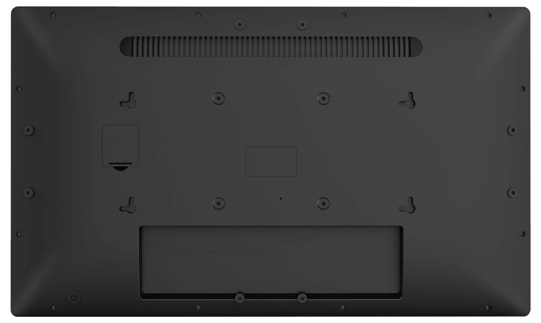 Rückansicht eines schwarzen Flachbildfernsehers mit Montageschlitzen und Lüftungsschlitzen.