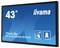 Iiyama 43-Zoll-Display, Modell 'ProLite TF4339AS-B1AG', blaue Hintergrundgrafik mit Touchfunktion und Symbol für Benutzerkapazität.