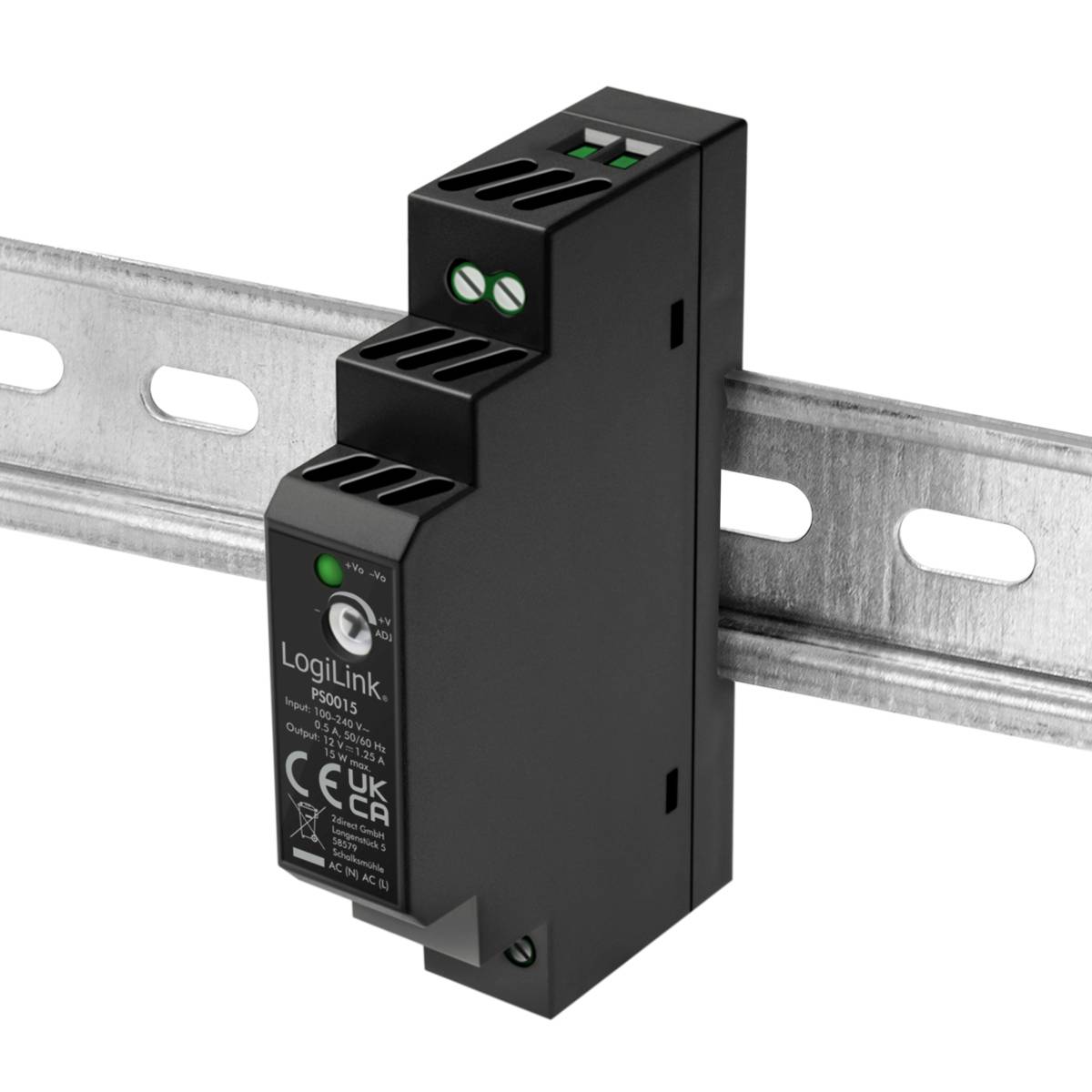 Ein schwarzes elektronisches Gerät von LogiLink, montiert auf einer Metallschiene, zeigt verschiedene Anschlüsse und Kennzeichnungen.