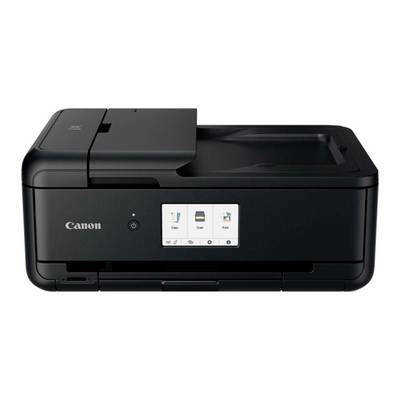 Ein schwarzer Drucker mit Touchscreen-Bedienfeld, das Optionen wie 'Kopieren', 'Scannen' und 'Faxen' anzeigt.