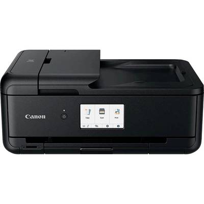 Ein schwarzer Drucker mit Touchscreen-Menü zeigt Optionen: Kopieren, Scannen, Drucken. Canon-Logo an der Vorderseite.