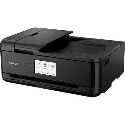 Ein schwarzer Drucker mit einem digitalen Display auf der Vorderseite, das Optionen wie 'Kopieren', 'Scannen' und 'Faxen' zeigt.