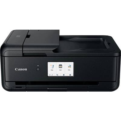 Schwarzer Canon-Drucker mit Display vorne, das Bedienoptionen wie 'Kopieren', 'Scannen' und 'Drucken' zeigt. Obere Klappe für Papierzufuhr.