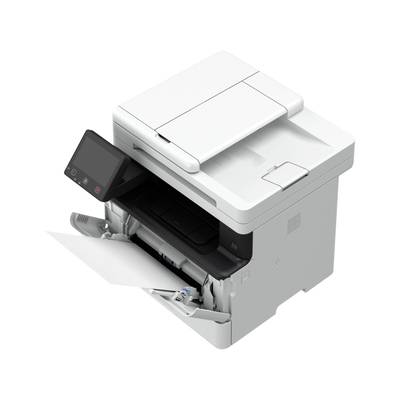 Ein weißer Multifunktionsdrucker mit touchfähigem Display druckt ein Blatt Papier aus. Das Gerät hat eine kompakte Bauweise.