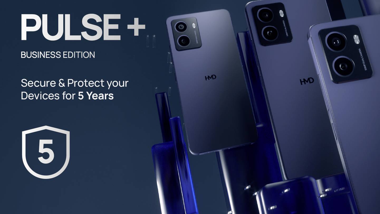 Eine Werbung für 'PULSE+ Business Edition': Smartphone mit drei Kameras, verspricht Schutz und Sicherheit für Geräte für 5 Jahre.