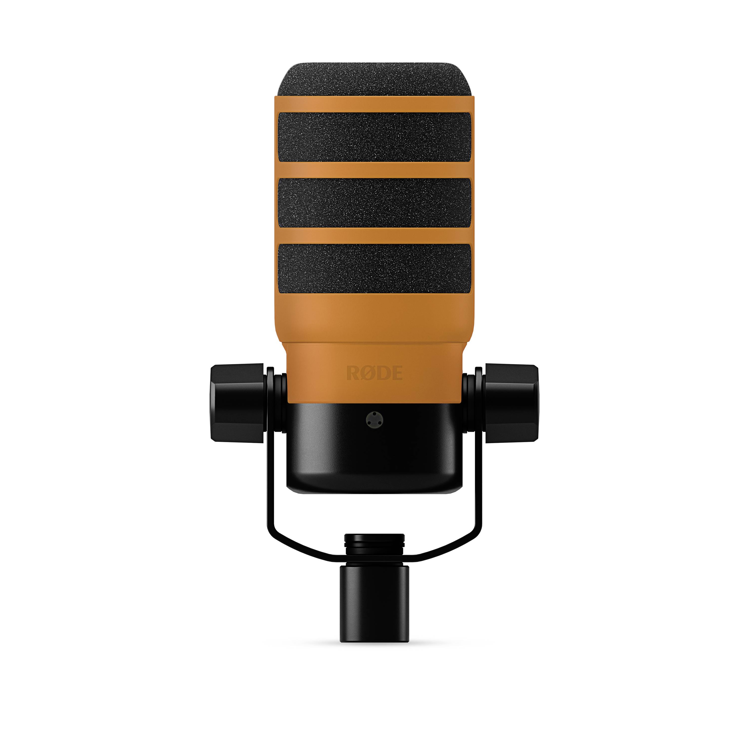 Ein orangefarbenes, professionelles Studiomikrofon auf einem schwarzen Stativ, ideal für Aufnahmen und Podcasts.
