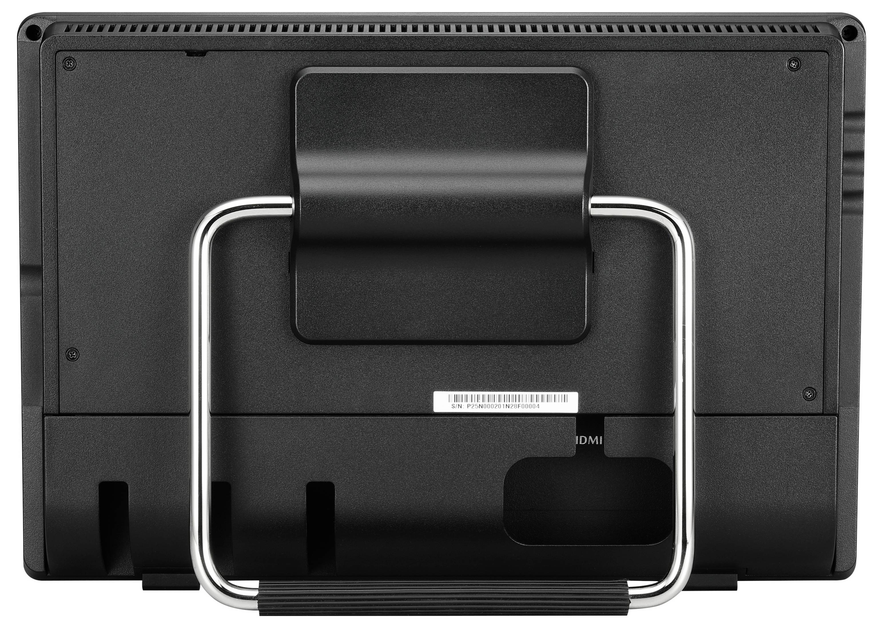 Rückseite eines schwarzen Monitors mit integriertem Standfuß und Kabelmanagementsystem.