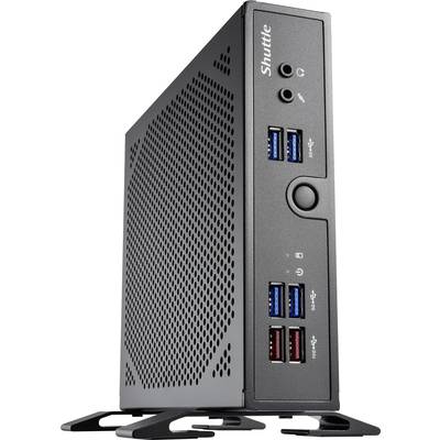 Schwarzer Mini-PC von Shuttle mit mehreren USB-Anschlüssen und Belüftungsschlitzen seitlich, stehend auf kleinen Ständern.