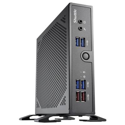 Schwarzer Mini-PC von Shuttle mit mehreren USB-Anschlüssen und Belüftungsschlitzen, stehend auf einer Halterung.