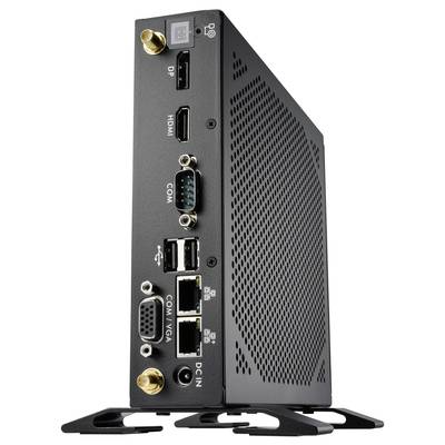 Ein schwarzer Mini-PC mit mehreren Anschlussmöglichkeiten, darunter HDMI, DP, USB, COM, VGA und Ethernet.
